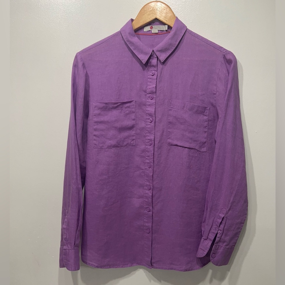 Boden Women’s Lilac 100% Linen Long Sleeve Shirt‎ Chest Pockets Size 2R